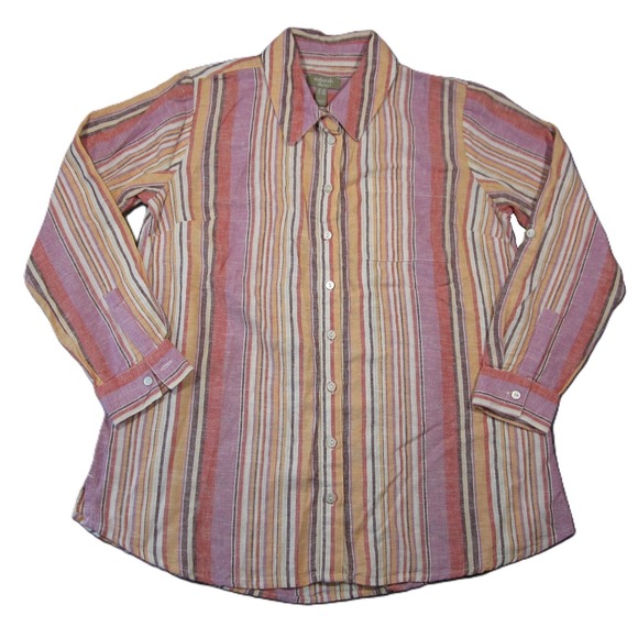Naturals d&co Tops - Naturals D&Co Linen Blend Shirt Womens SP Pink Striped Roll Tab Soft Preppy Boho